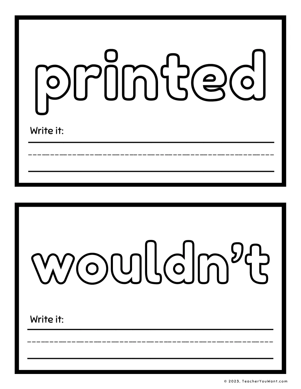 Sight word playdough mats 13–14: printed and wouldn’t, with outlined words to shape and “Write it” prompts.