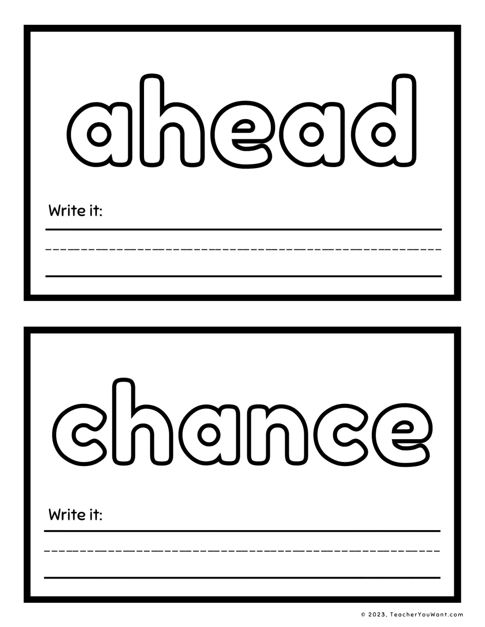 Sight word playdough mats 15–16: ahead and chance, with outlined words to shape and “Write it” prompts.