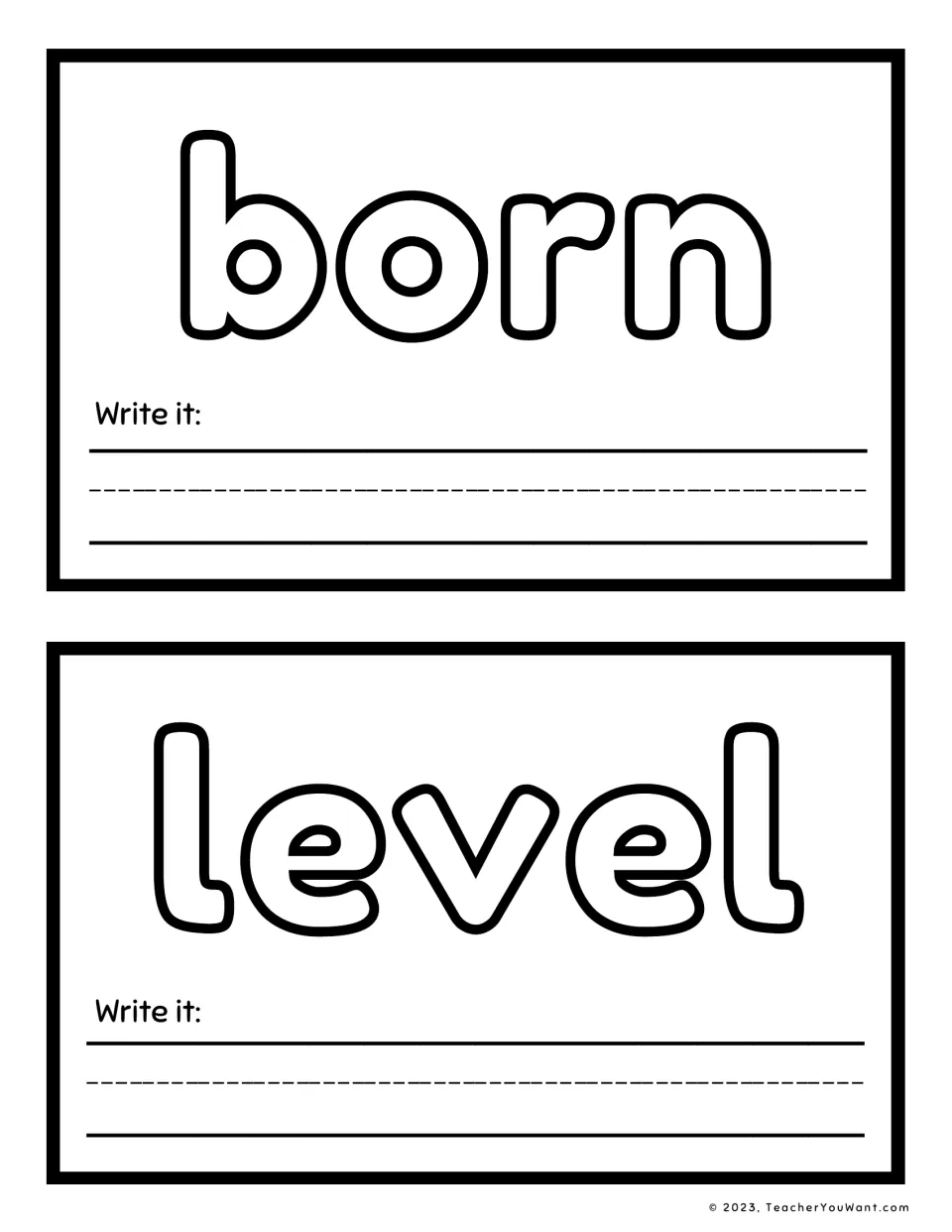 Sight word playdough mats 17–18: born and level, with outlined words to shape and “Write it” prompts.