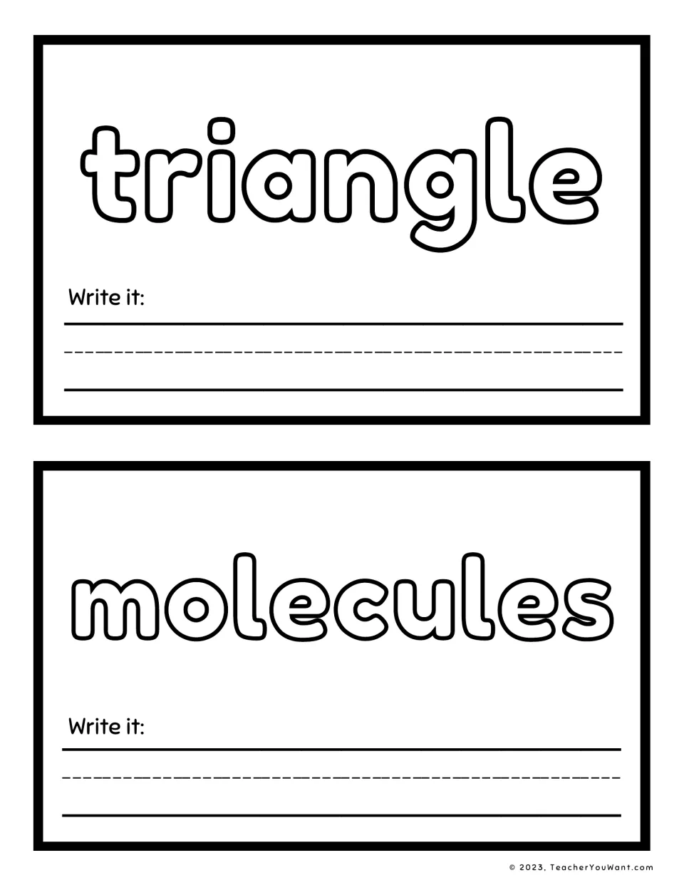 Sight word playdough mats 19–20: triangle and molecules, with outlined words to shape and “Write it” prompts.