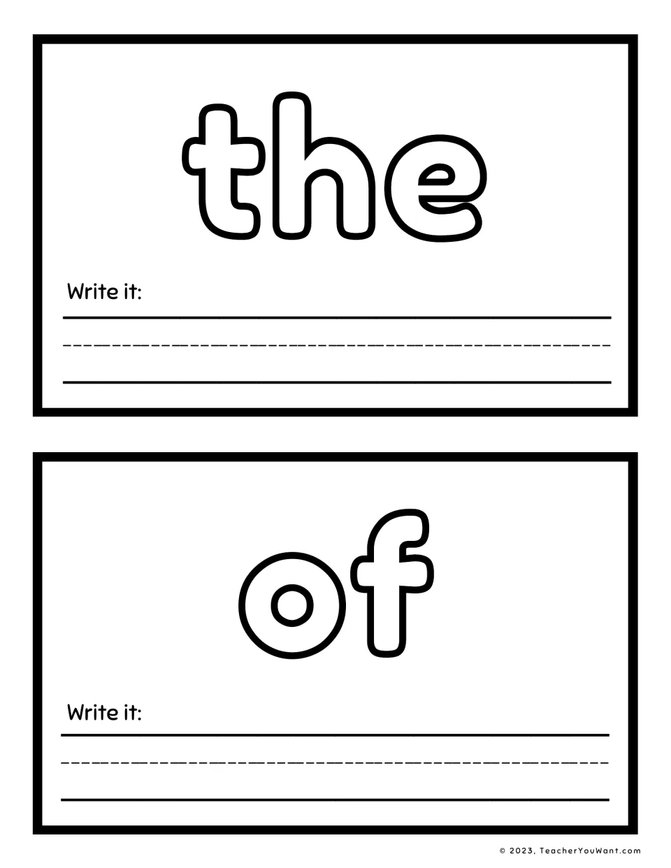 Sight words 'the' and 'of': students build each big outlined word from playdough, then print it after the Write it prompt
