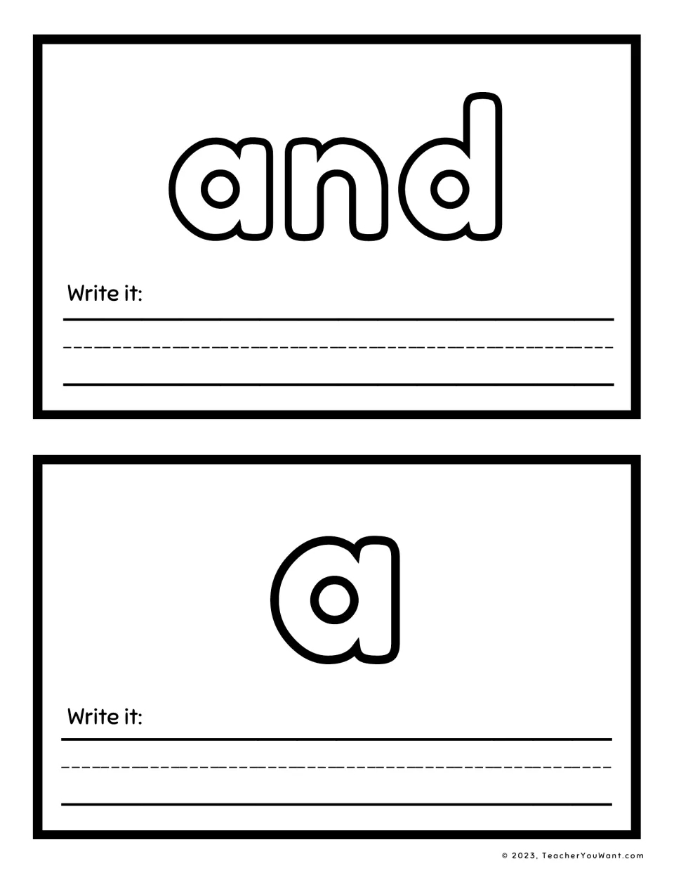 Sight words 'and' and 'a': two mats where children roll playdough over the bubble letters and write each word below