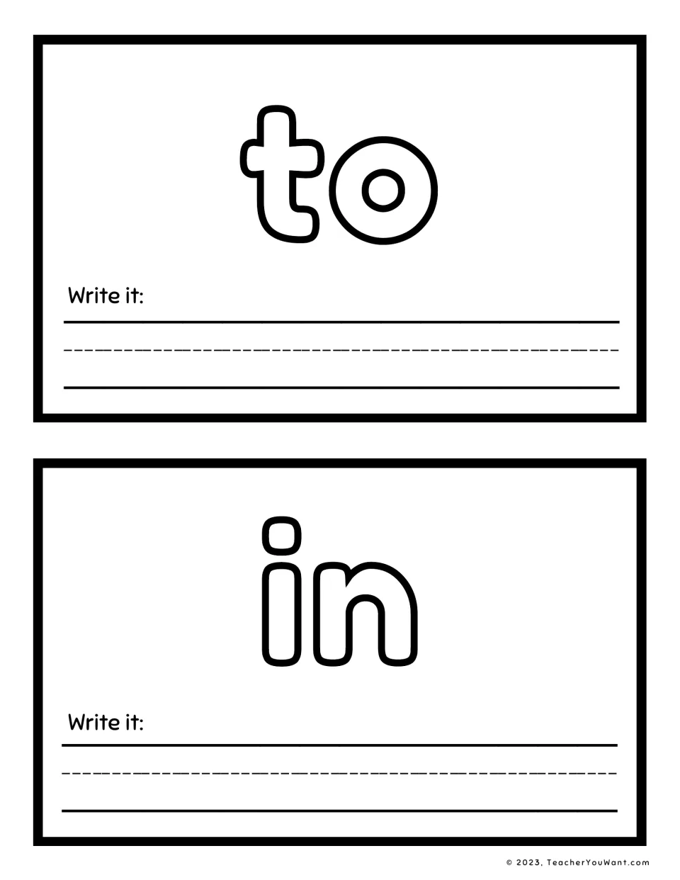 High-frequency words 'to' and 'in': learners shape the letters in playdough, then practise handwriting each word
