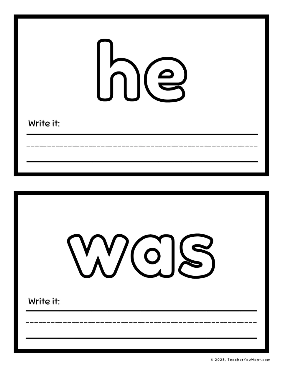 Sight words 'he' and 'was' in large bubble letters for playdough tracing, each followed by a Write it practice prompt
