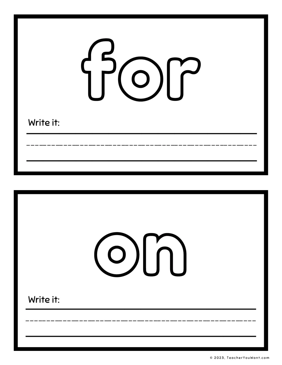 Sight words 'for' and 'on': children mold each word in playdough, then write it to practise spelling and letter formation