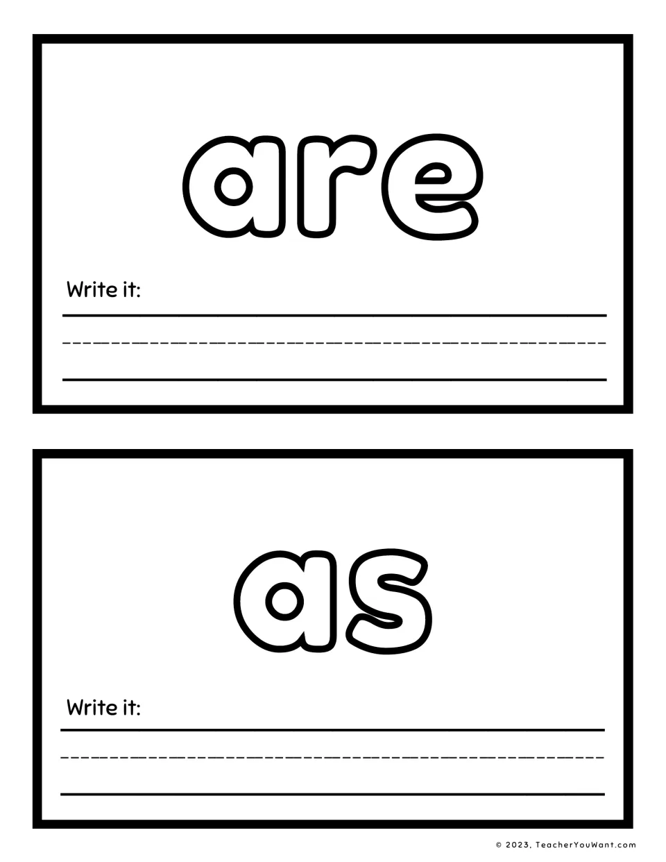 Sight words 'are' and 'as': two playdough mats for forming the outlined word and writing it beneath the Write it label