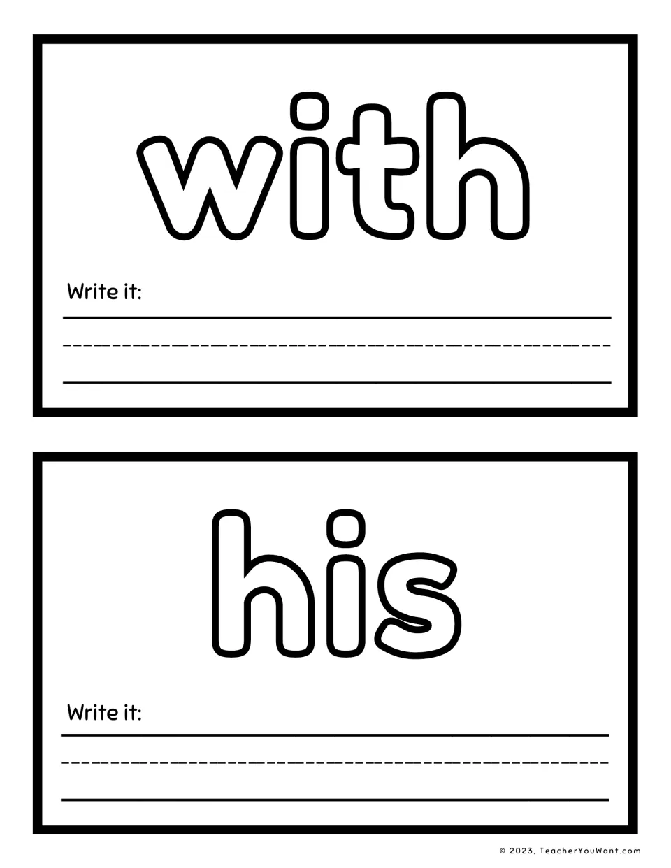 Sight words 'with' and 'his': students roll playdough to form each letter, then write the word for spelling practice