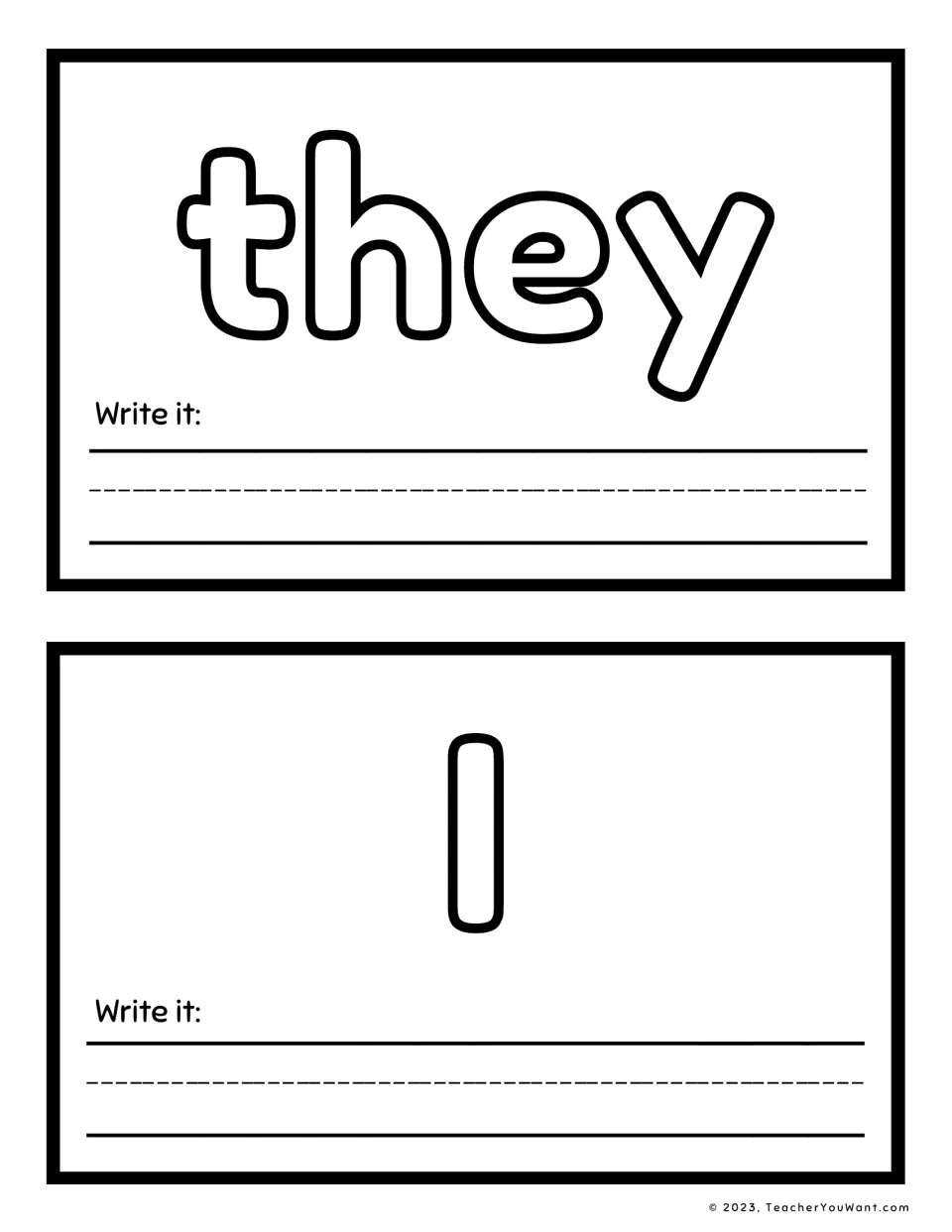 Sight words 'they' and 'I': building each outlined word from playdough and writing it independently under Write it