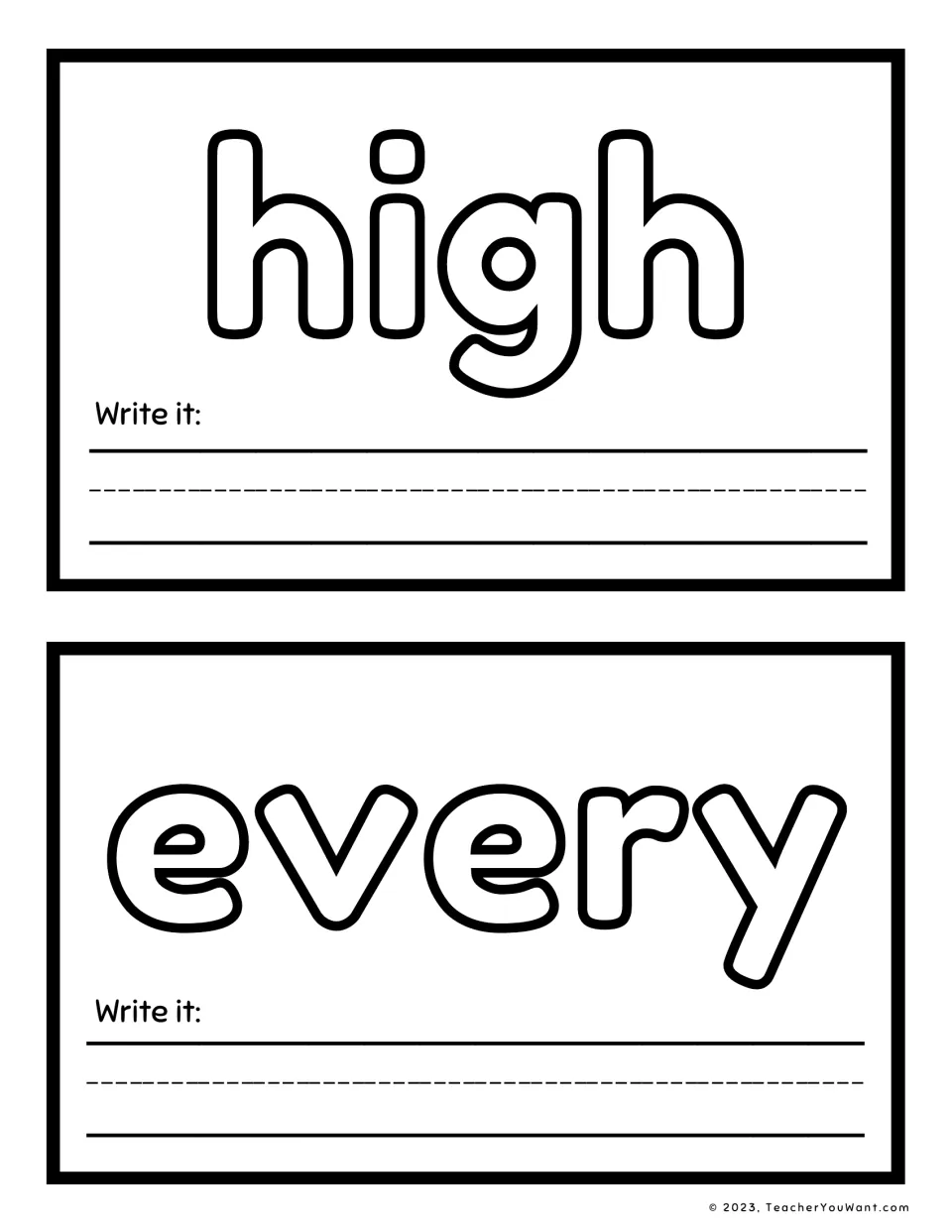 Sight word playdough mats 1–2 feature 'high' and 'every', each with a 'Write it' prompt for word practice.