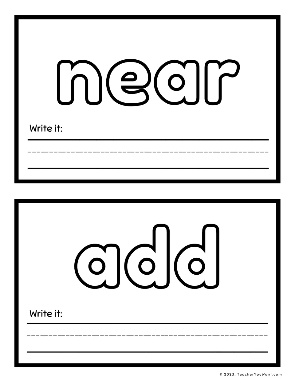 Sight word playdough mats 3–4 feature 'near' and 'add', each with a 'Write it' prompt for word practice.
