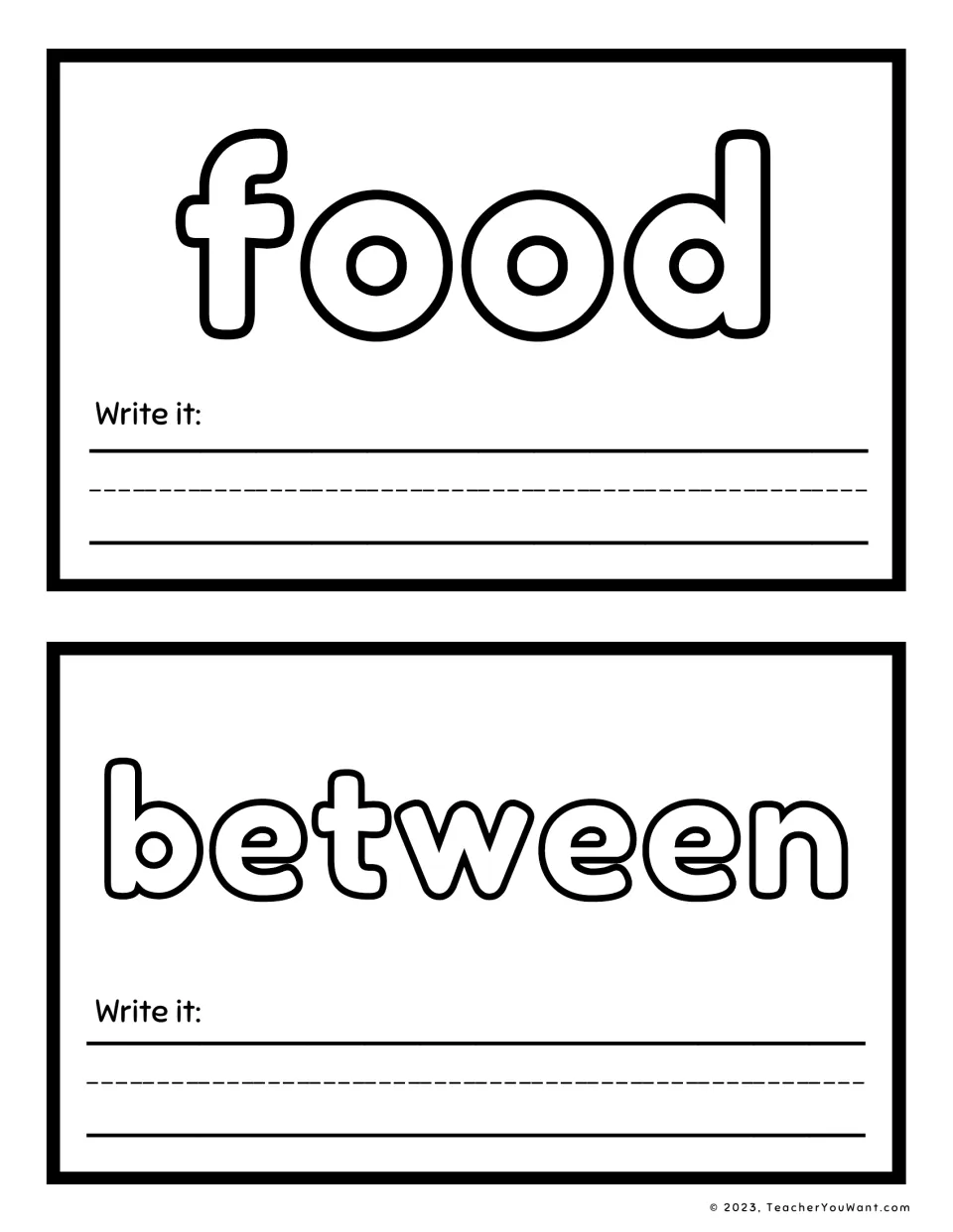 Sight word playdough mats 5–6 feature 'food' and 'between', each with a 'Write it' prompt for word practice.