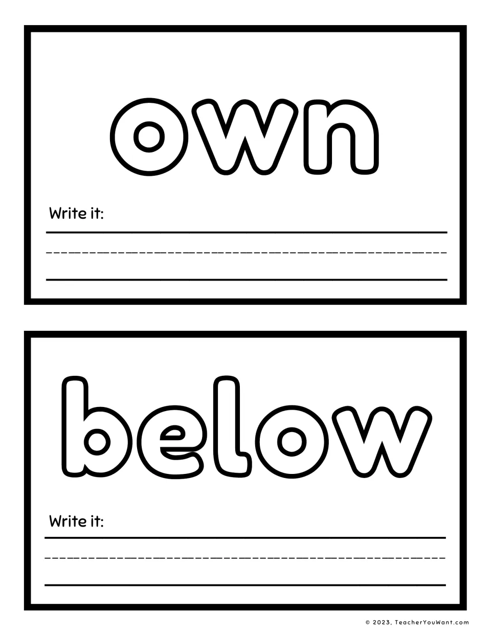 Sight word playdough mats 7–8 feature 'own' and 'below', each with a 'Write it' prompt for word practice.