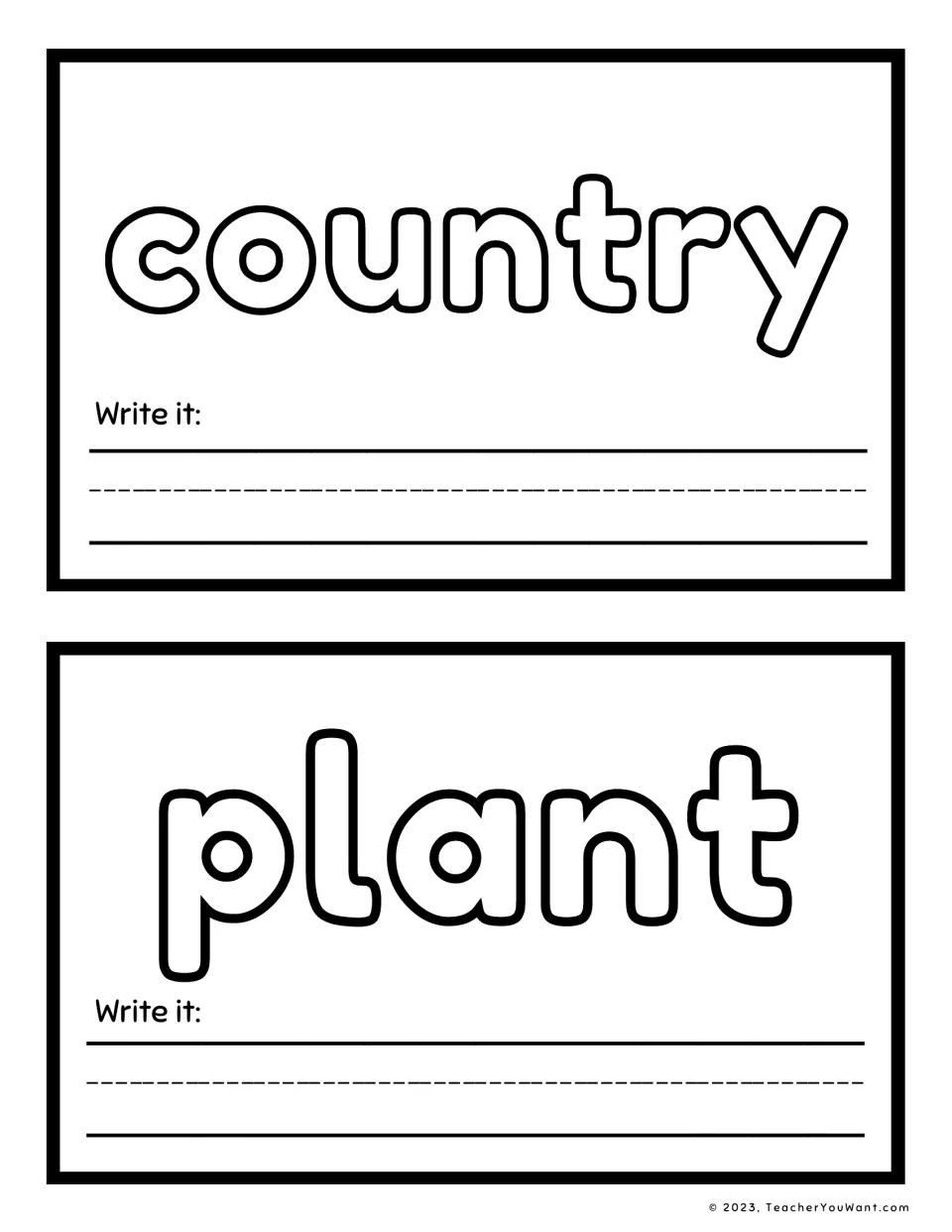 Sight word playdough mats 9–10 feature 'country' and 'plant', each with a 'Write it' prompt for word practice.