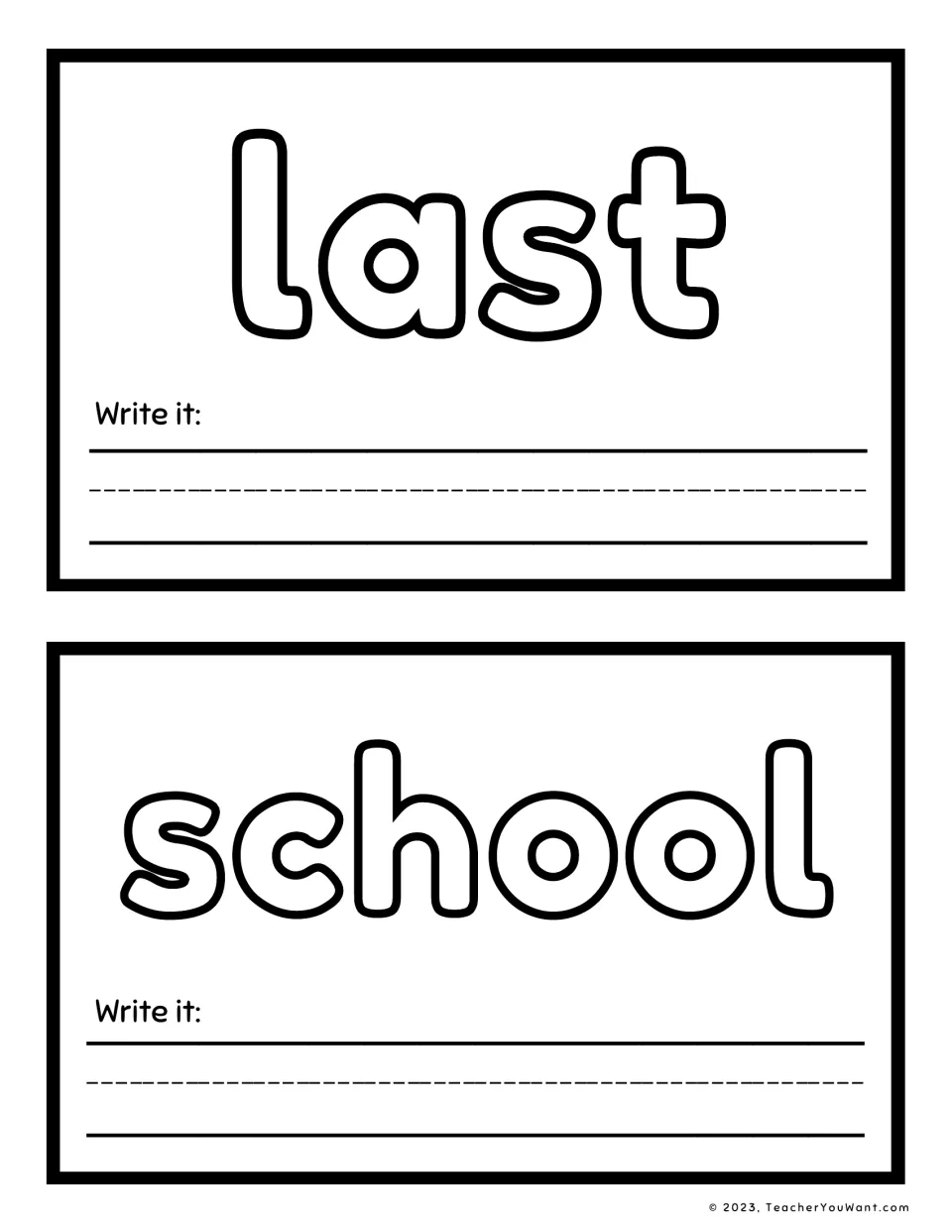 Sight word playdough mats 11–12 feature 'last' and 'school', each with a 'Write it' prompt for word practice.