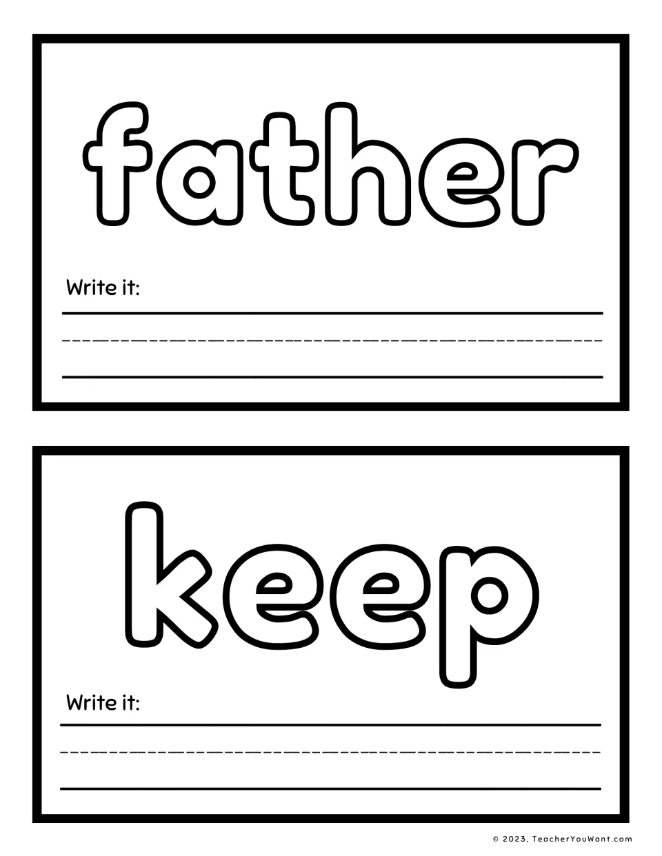 Sight word playdough mats 13–14 feature 'father' and 'keep', each with a 'Write it' prompt for word practice.