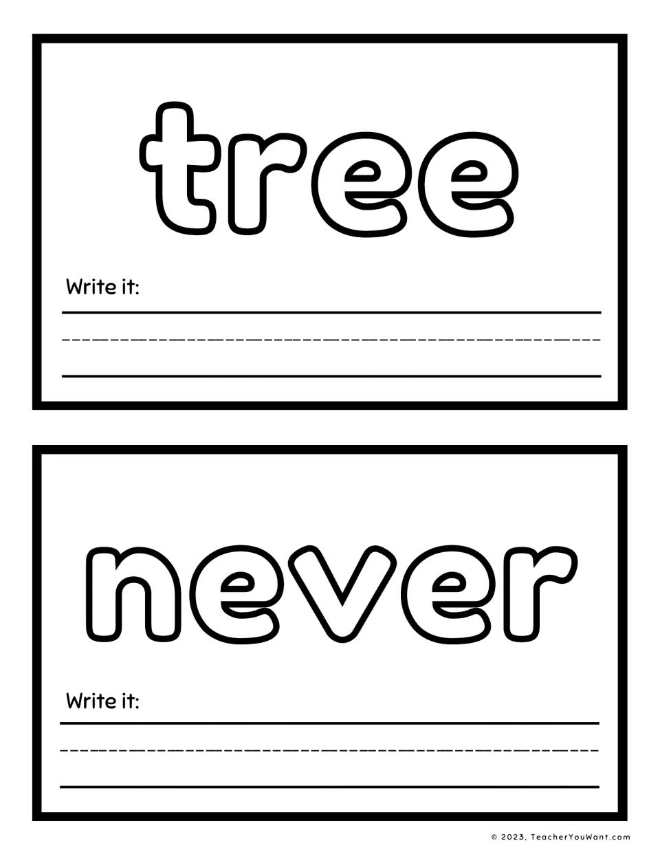 Sight word playdough mats 15–16 feature 'tree' and 'never', each with a 'Write it' prompt for word practice.