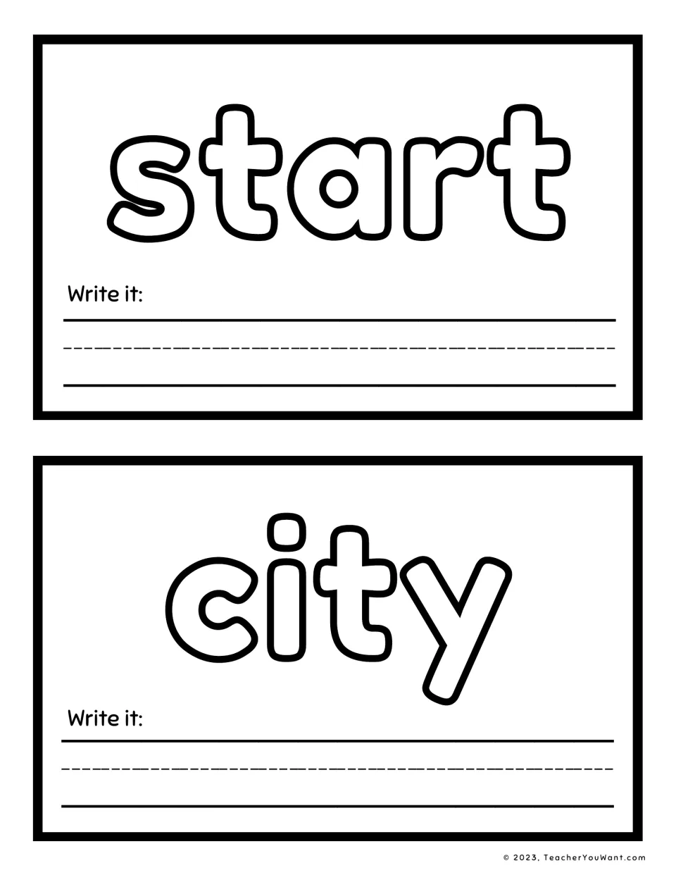 Sight word playdough mats 17–18 feature 'start' and 'city', each with a 'Write it' prompt for word practice.