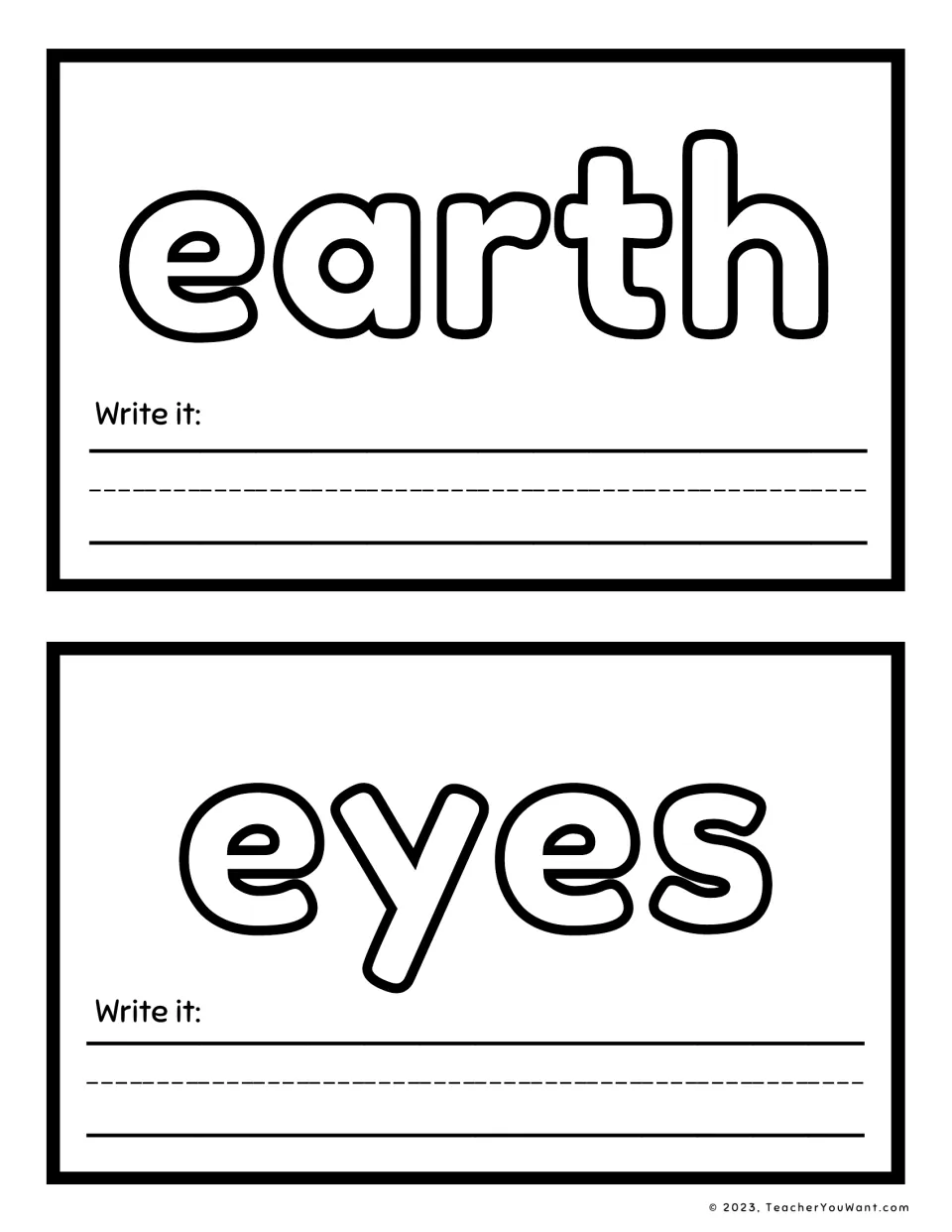 Sight word playdough mats 19–20 feature 'earth' and 'eyes', each with a 'Write it' prompt for word practice.