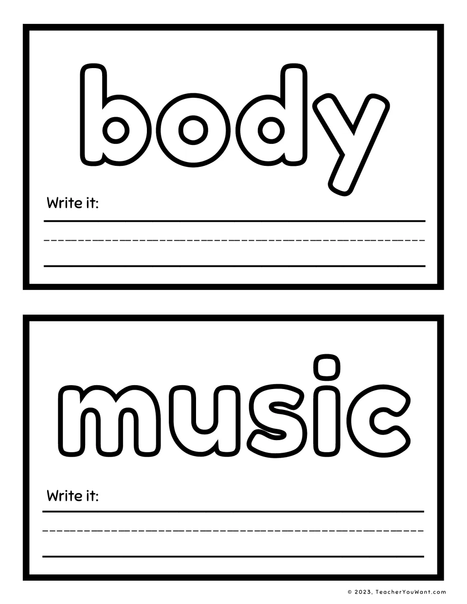 Sight word playdough mats 1–2: body and music, each with a "Write it" prompt for handwriting practice.