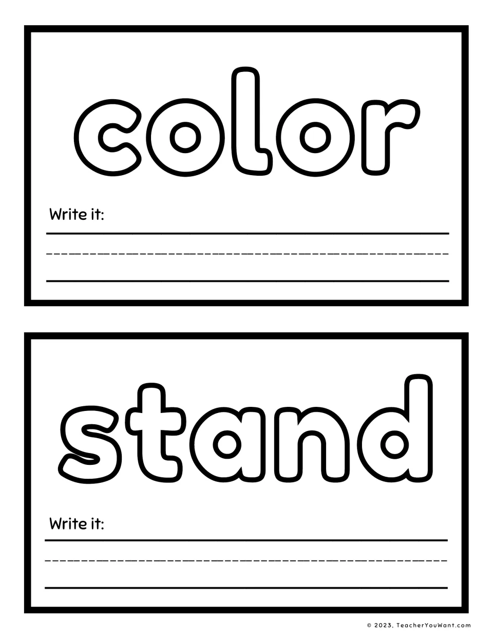 Sight word playdough mats 3–4: color and stand, each with a "Write it" prompt for handwriting practice.