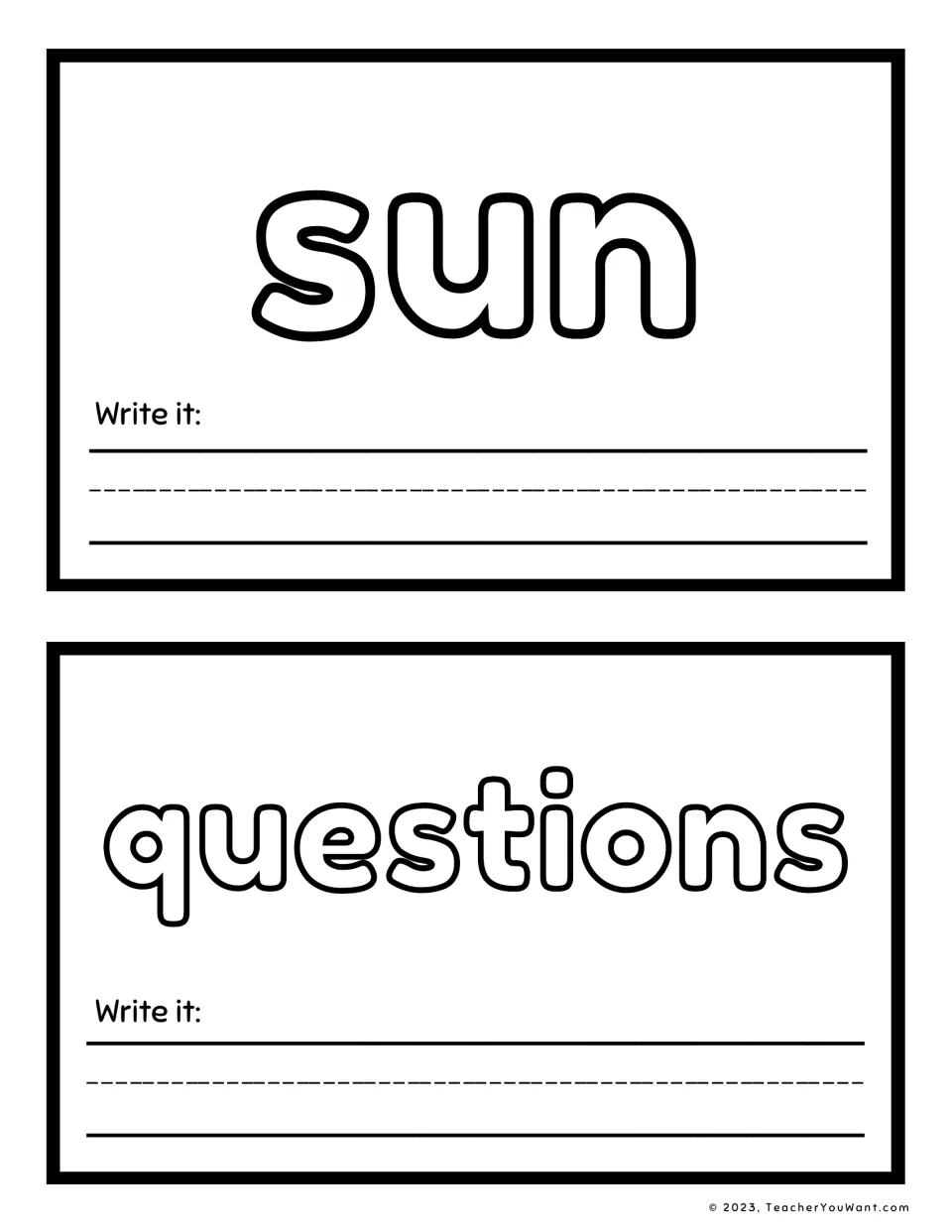 Sight word playdough mats 5–6: sun and questions, each with a "Write it" prompt for handwriting practice.