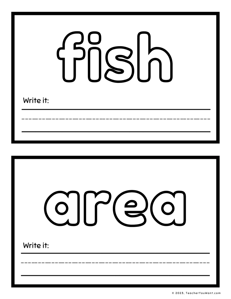 Sight word playdough mats 7–8: fish and area, each with a "Write it" prompt for handwriting practice.