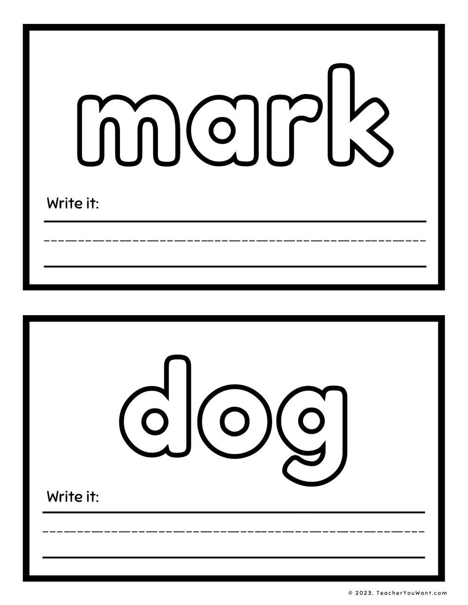 Sight word playdough mats 9–10: mark and dog, each with a "Write it" prompt for handwriting practice.