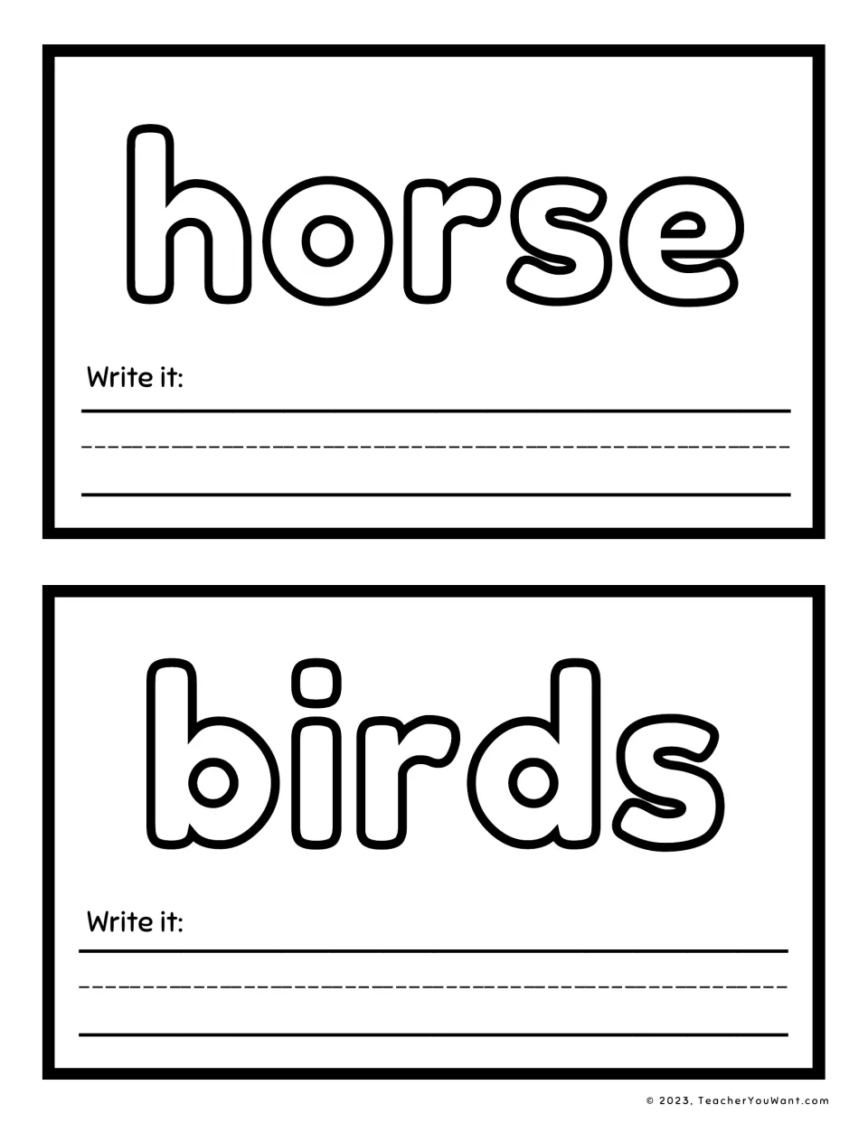Sight word playdough mats 11–12: horse and birds, each with a "Write it" prompt for handwriting practice.