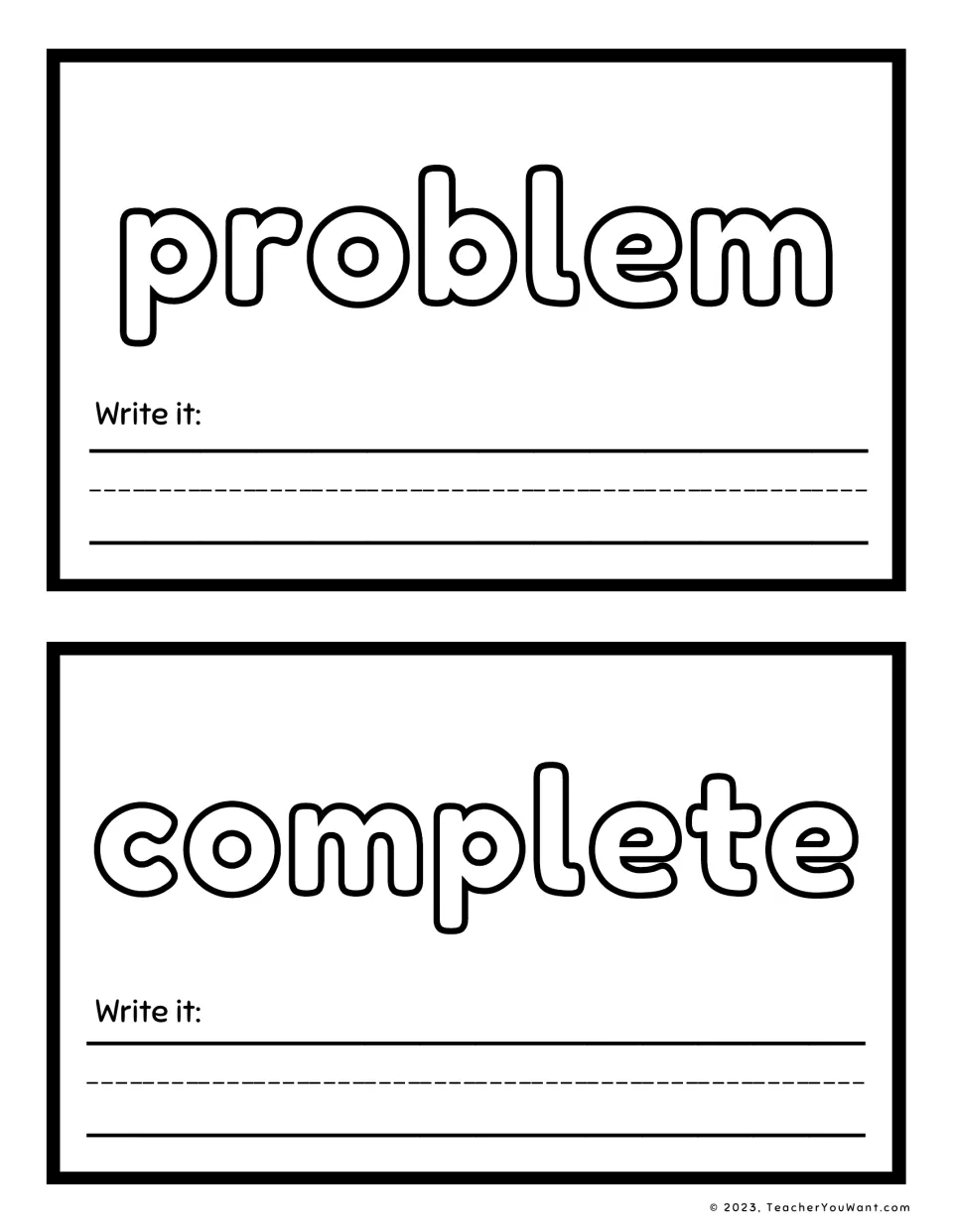 Sight word playdough mats 13–14: problem and complete, each with a "Write it" prompt for handwriting practice.