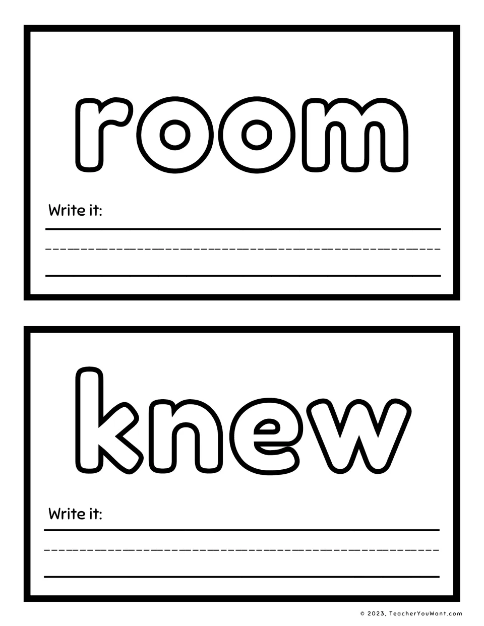 Sight word playdough mats 15–16: room and knew, each with a "Write it" prompt for handwriting practice.