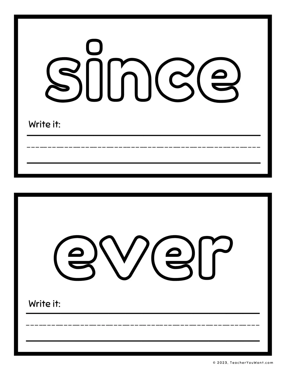 Sight word playdough mats 17–18: since and ever, each with a "Write it" prompt for handwriting practice.
