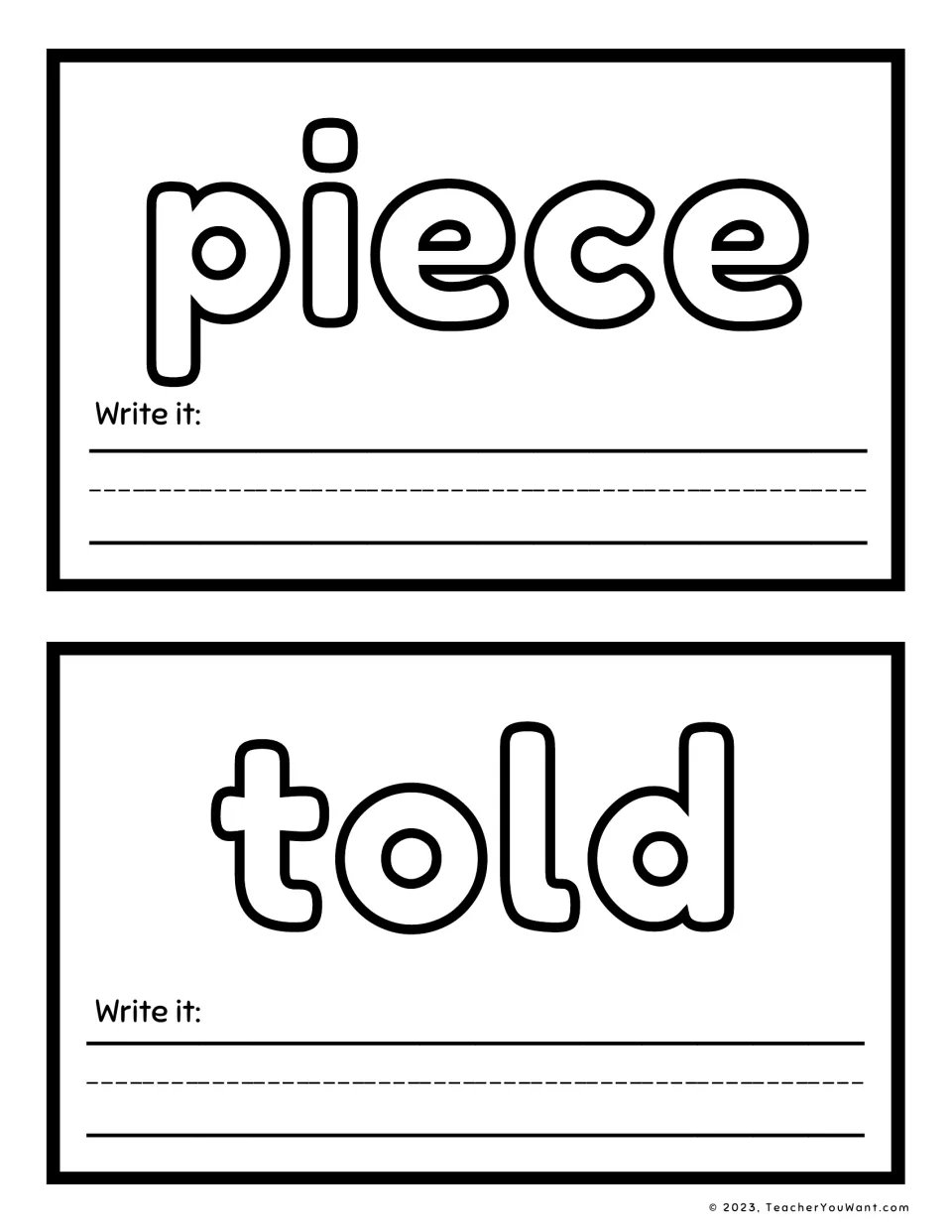 Sight word playdough mats 19–20: piece and told, each with a "Write it" prompt for handwriting practice.