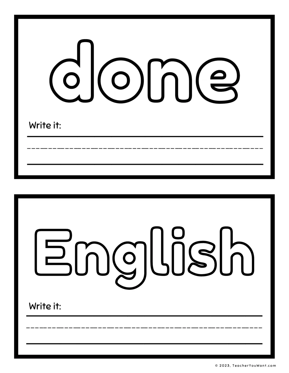 Sight word playdough mats 1–2 feature done and English in large outlined letters, each with a Write it prompt.