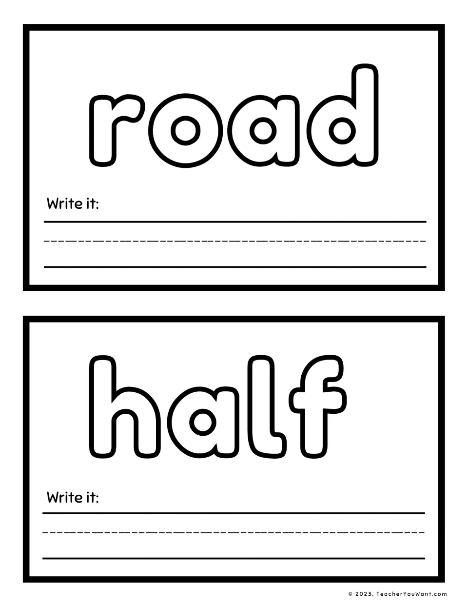 Sight word playdough mats 3–4 feature road and half in large outlined letters, each with a Write it prompt.