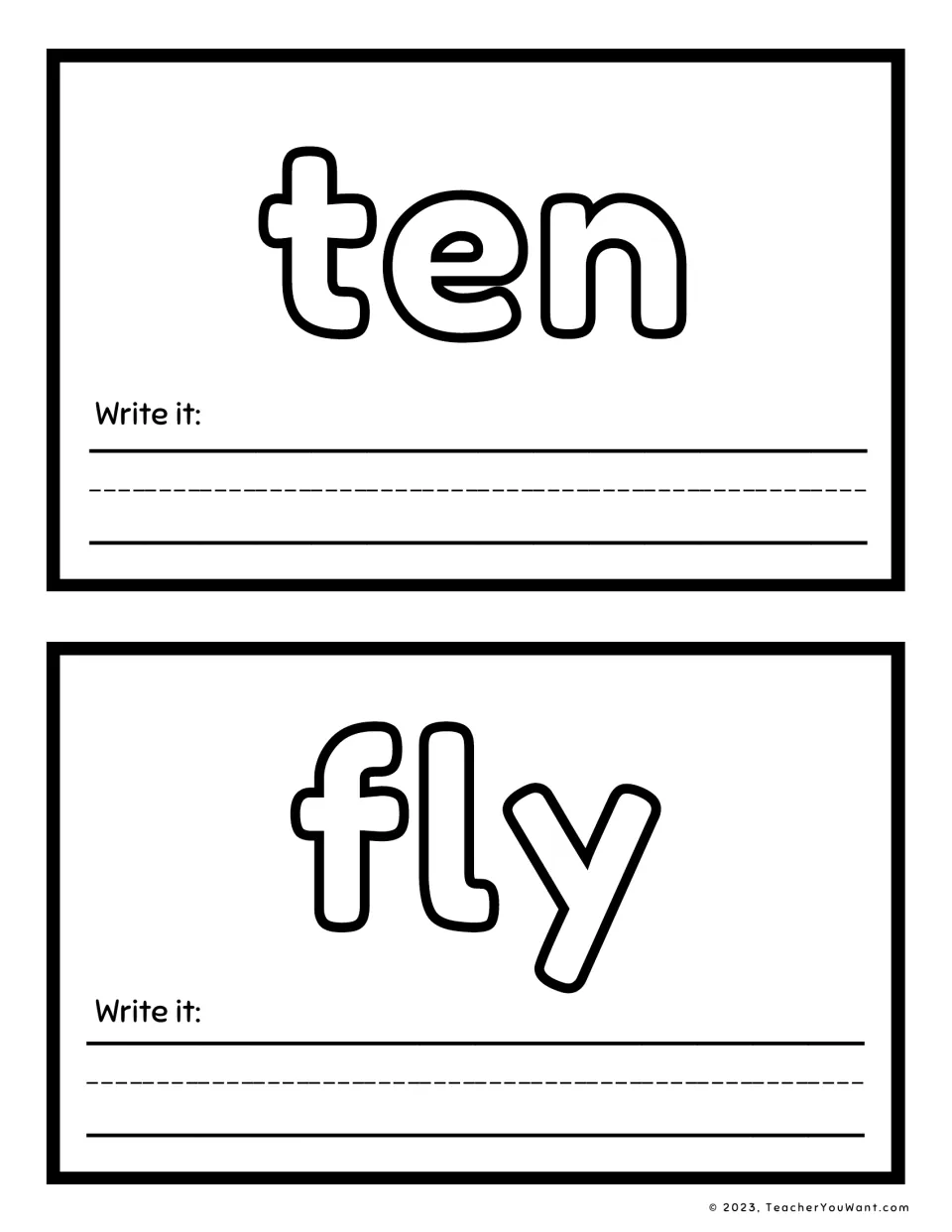 Sight word playdough mats 5–6 feature ten and fly in large outlined letters, each with a Write it prompt.
