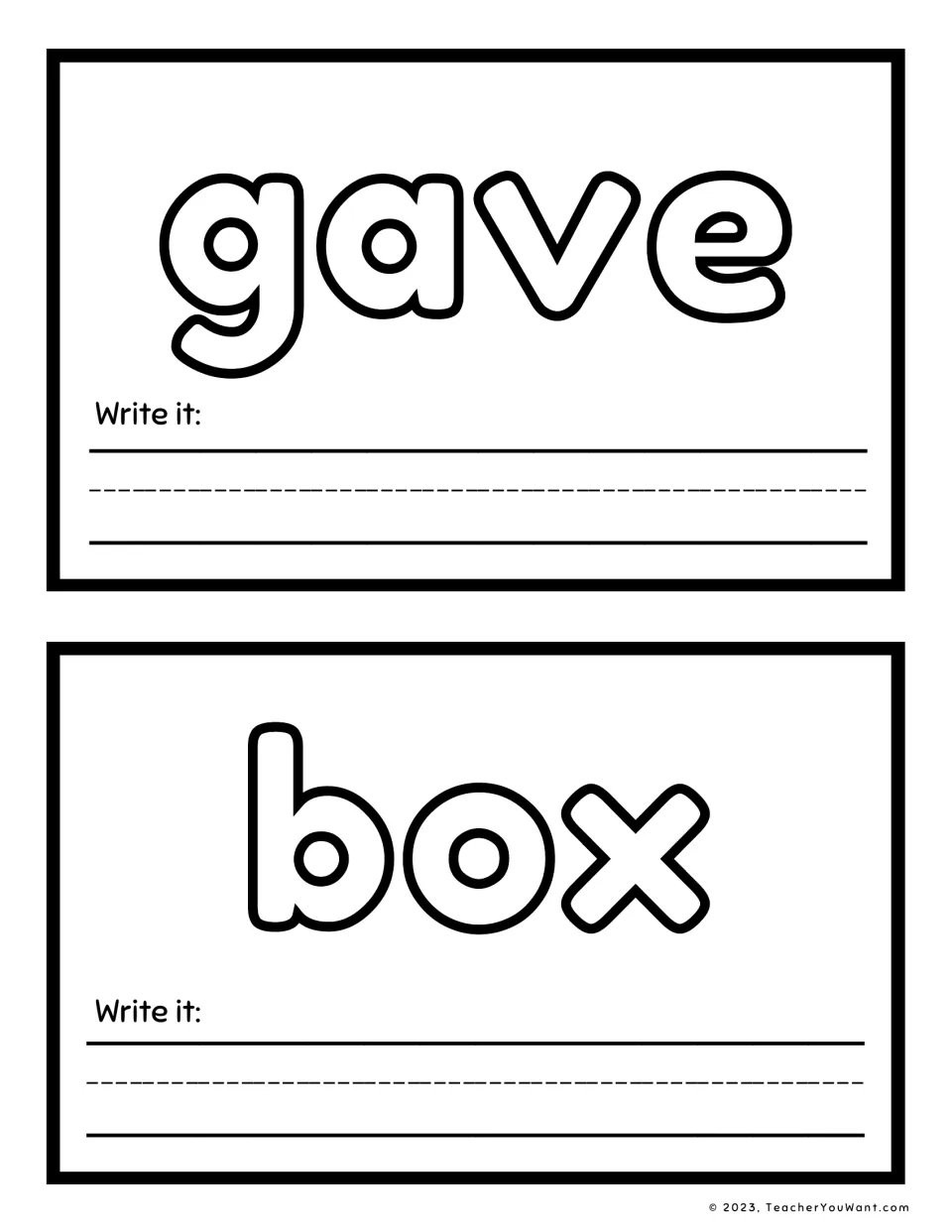 Sight word playdough mats 7–8 feature gave and box in large outlined letters, each with a Write it prompt.