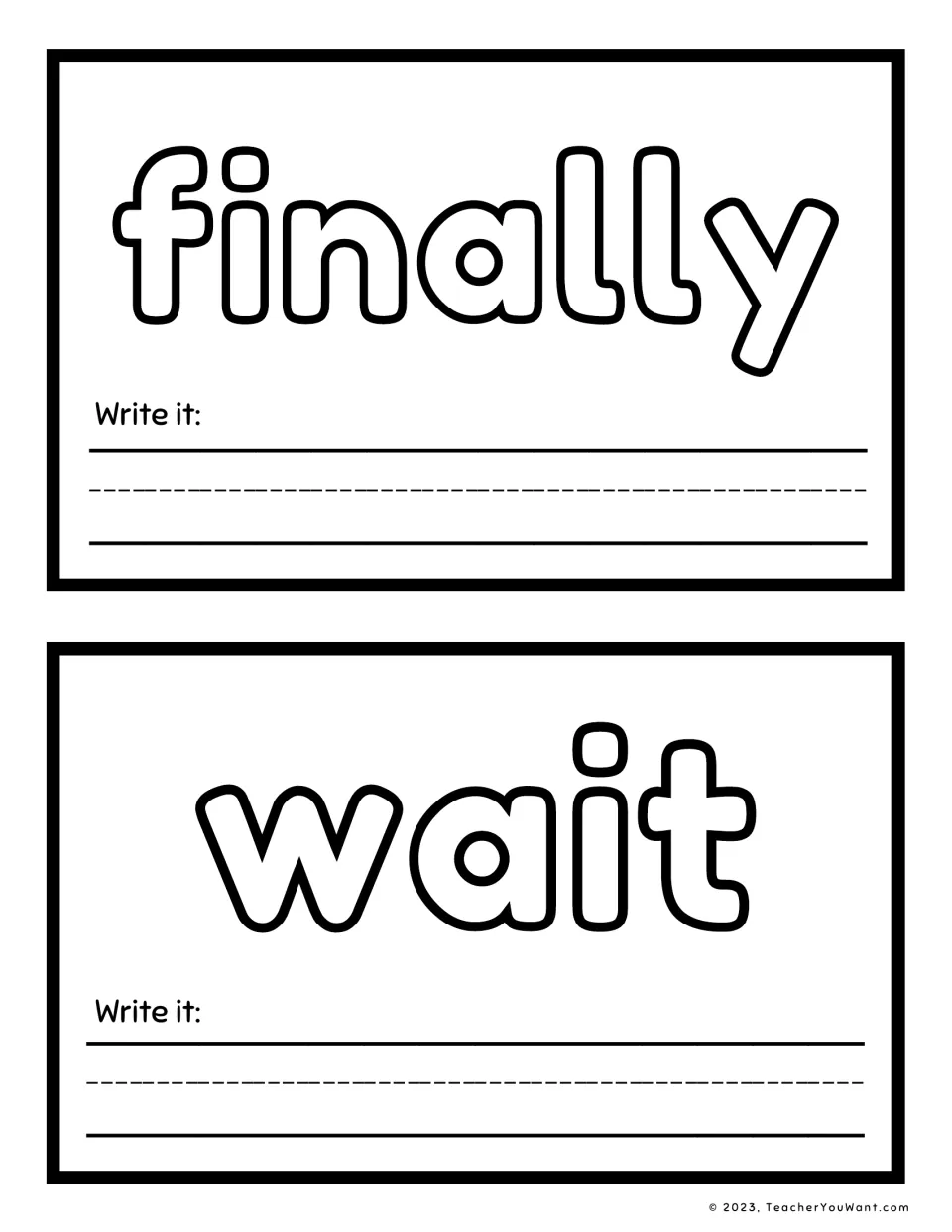 Sight word playdough mats 9–10 feature finally and wait in large outlined letters, each with a Write it prompt.