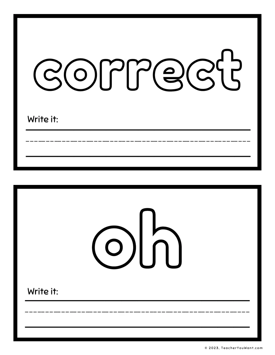 Sight word playdough mats 11–12 feature correct and oh in large outlined letters, each with a Write it prompt.