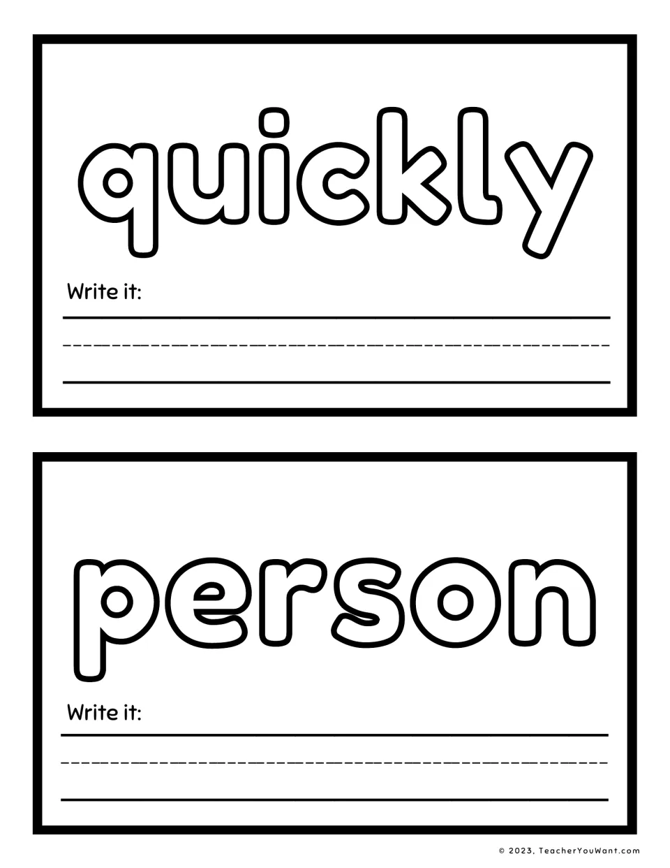 Sight word playdough mats 13–14 feature quickly and person in large outlined letters, each with a Write it prompt.