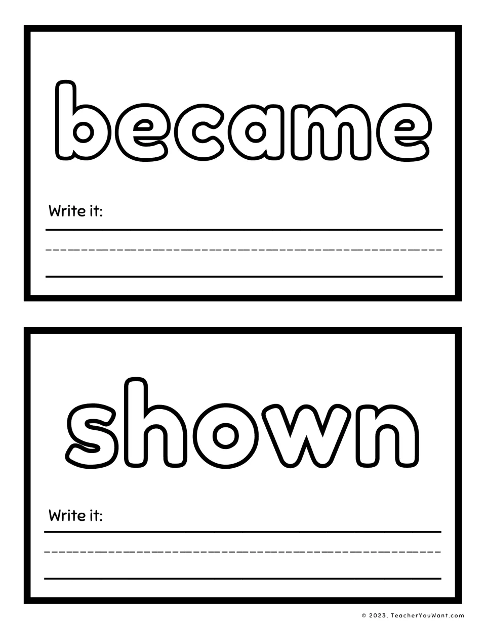 Sight word playdough mats 15–16 feature became and shown in large outlined letters, each with a Write it prompt.