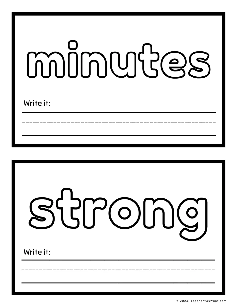 Sight word playdough mats 17–18 feature minutes and strong in large outlined letters, each with a Write it prompt.