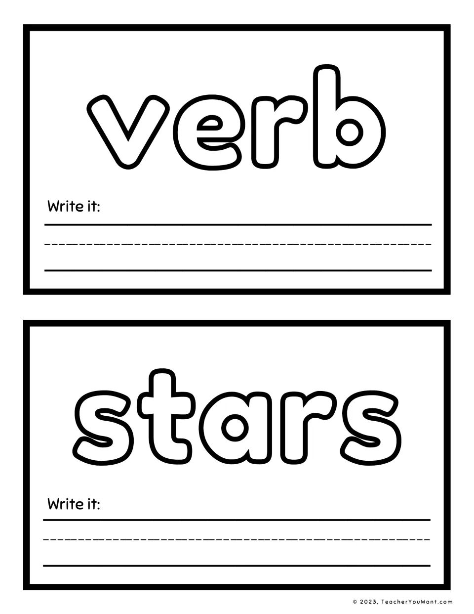 Sight word playdough mats 19–20 feature verb and stars in large outlined letters, each with a Write it prompt.
