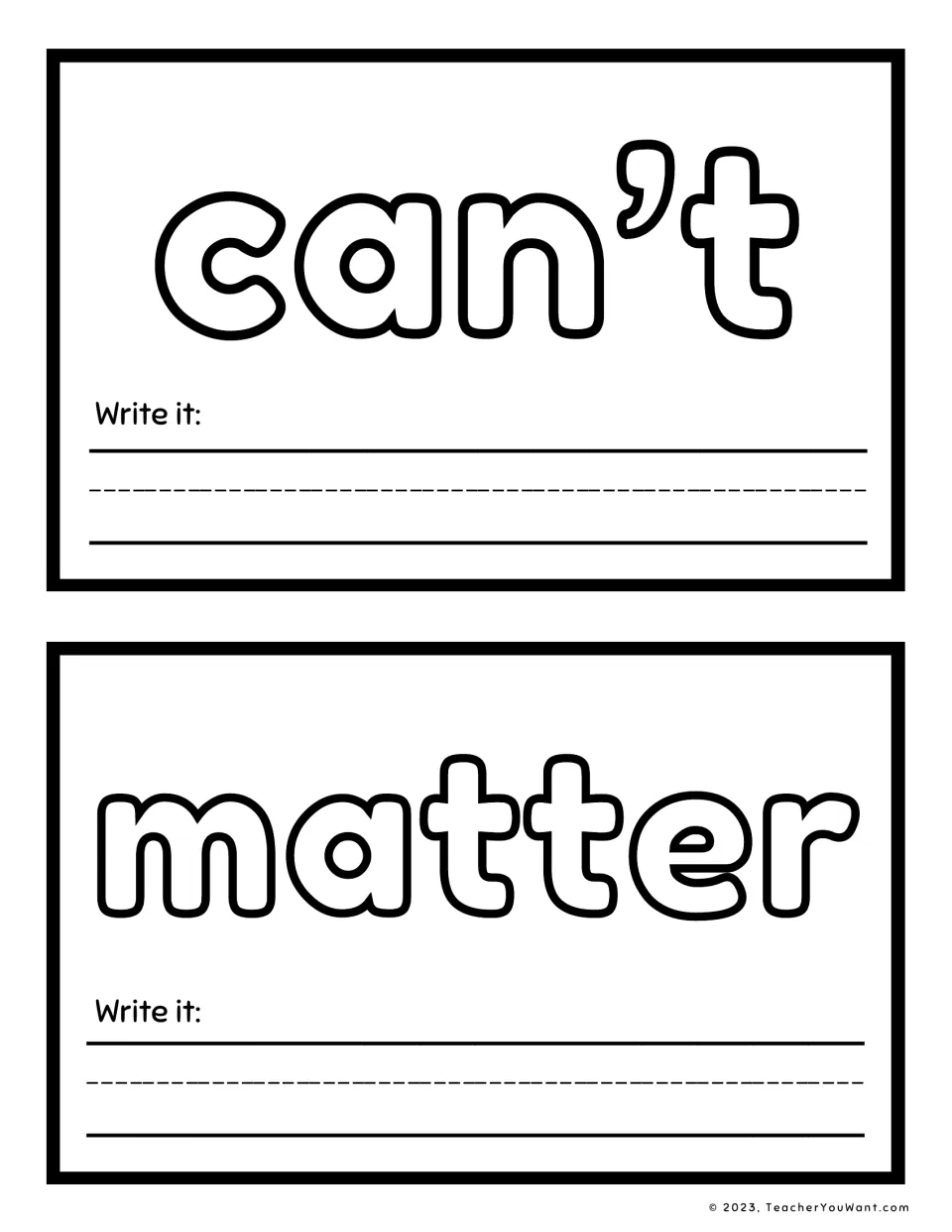 Sight word playdough mats 1–2 feature “can't” and “matter” in outlined letters, each with a “Write it” prompt.