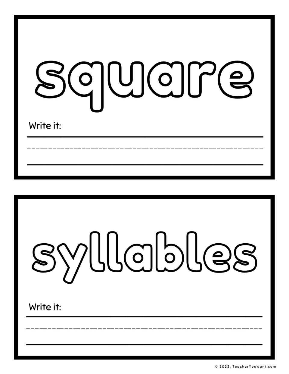 Sight word playdough mats 3–4 feature “square” and “syllables” in outlined letters, each with a writing prompt.