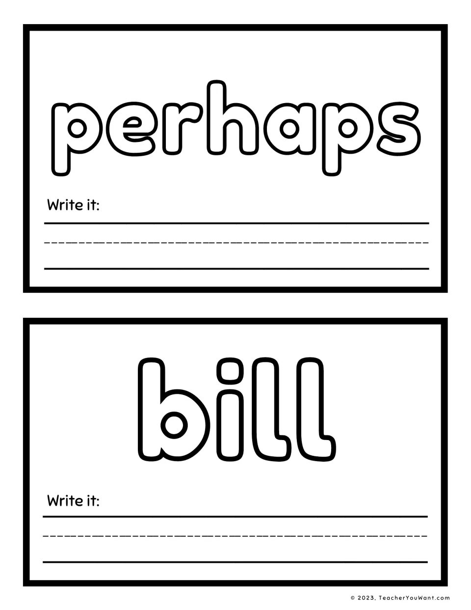 Sight word playdough mats 5–6 feature “perhaps” and “bill” in outlined letters, each with a writing prompt.