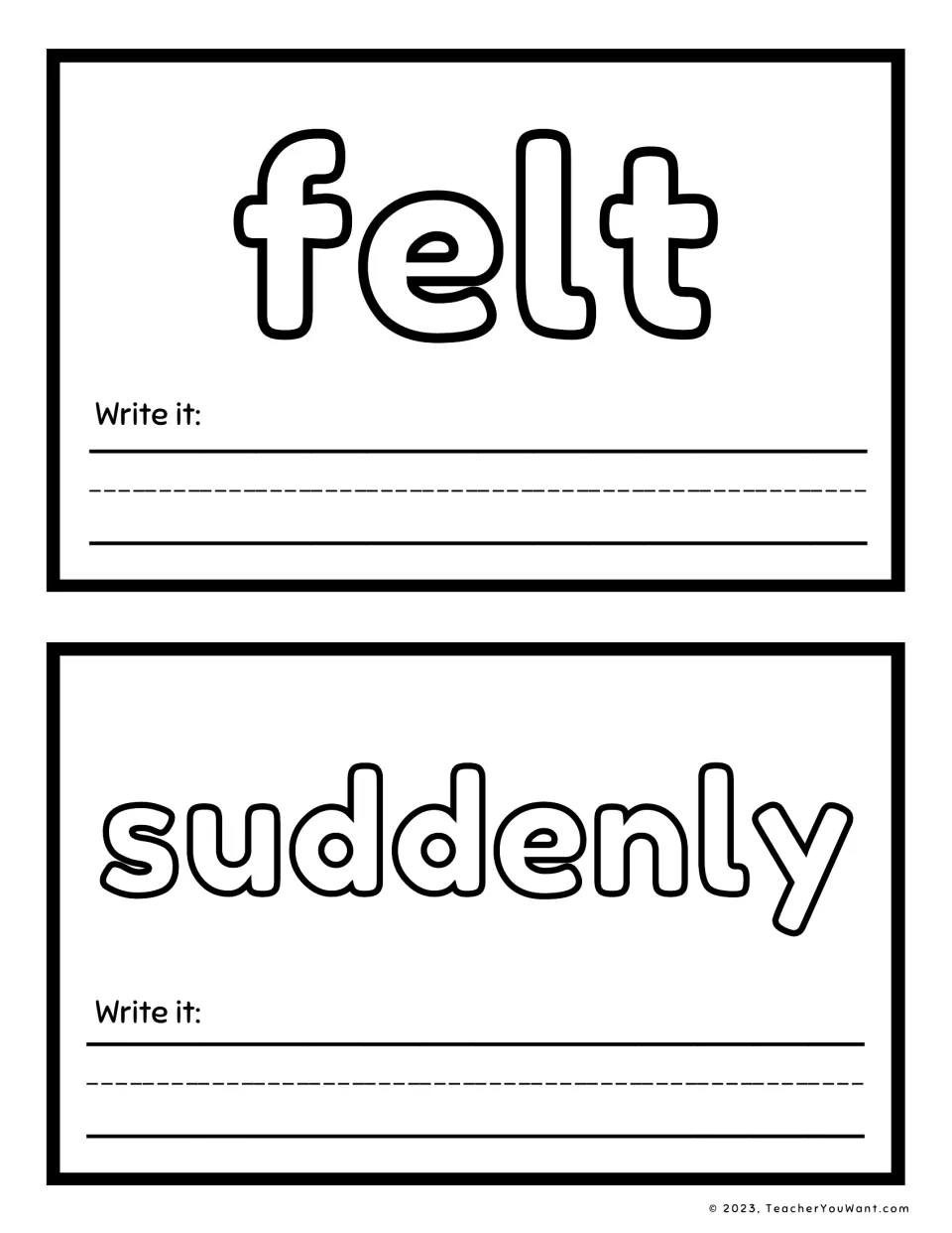 Sight word playdough mats 7–8 feature “felt” and “suddenly” in outlined letters, each with a writing prompt.