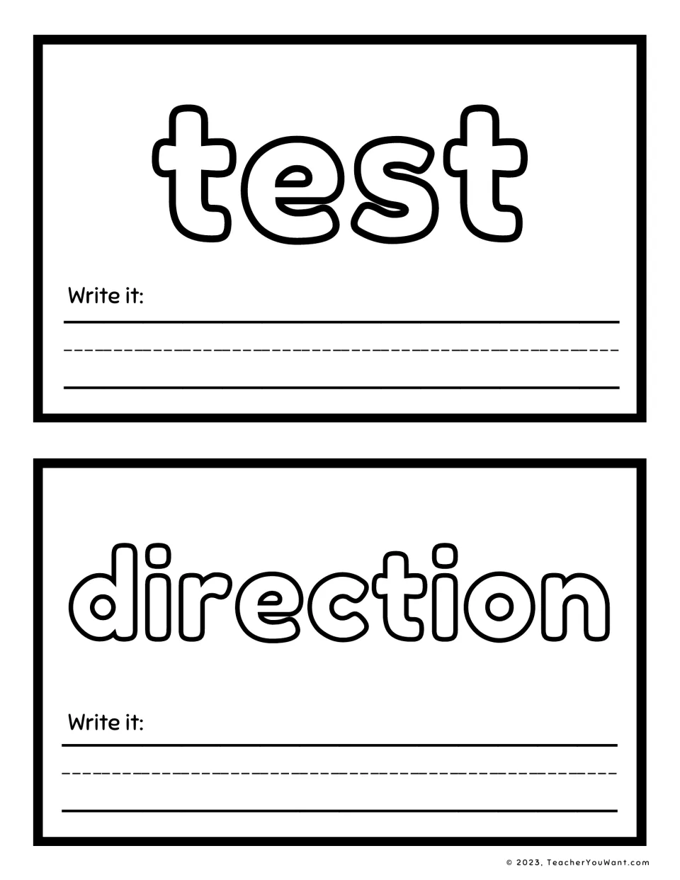 Sight word playdough mats 9–10 feature “test” and “direction” in outlined letters, each with a writing prompt.