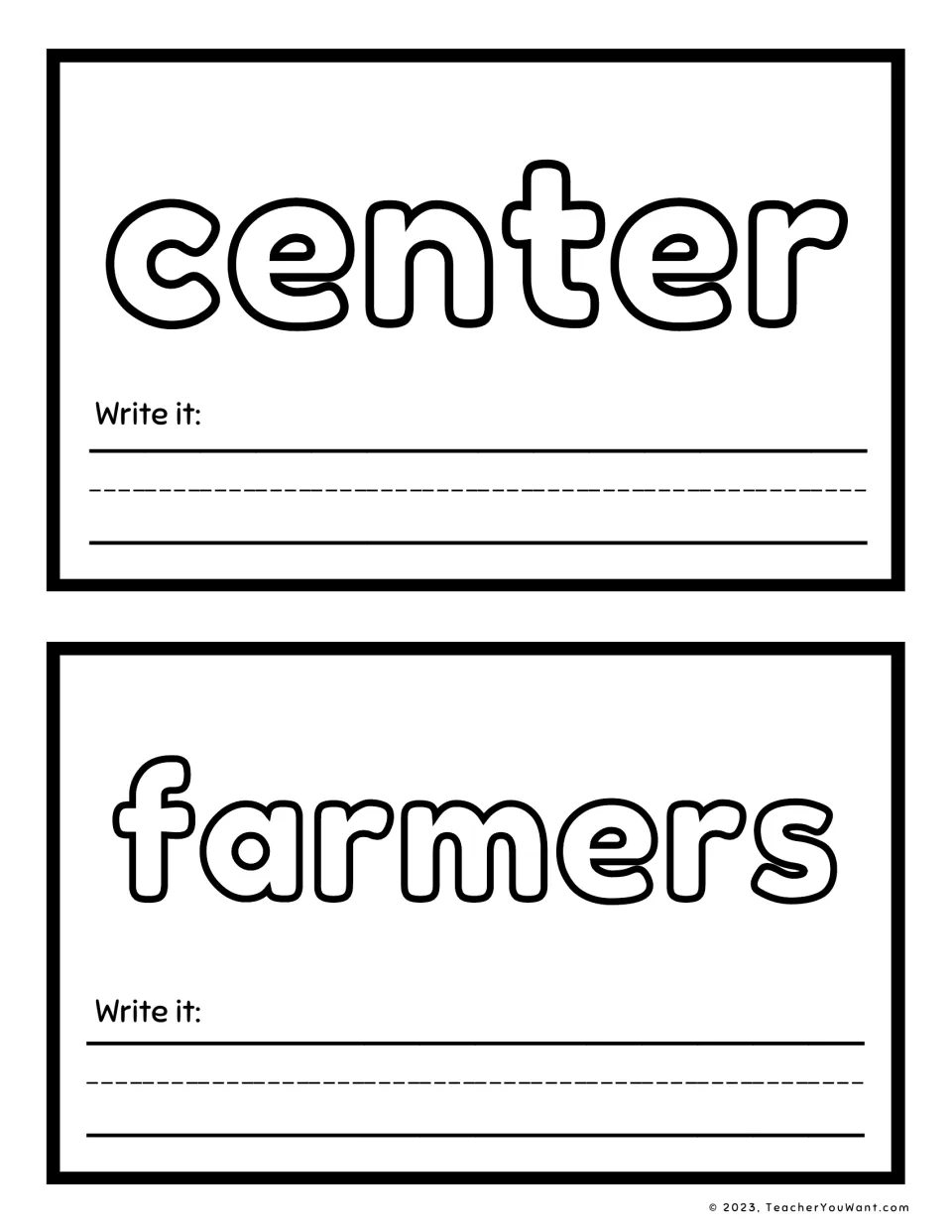 Sight word playdough mats 11–12 feature “center” and “farmers” in outlined letters, each with a writing prompt.