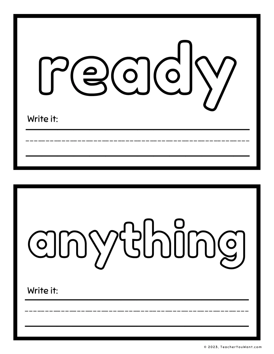 Sight word playdough mats 13–14 feature “ready” and “anything” in outlined letters, each with a writing prompt.
