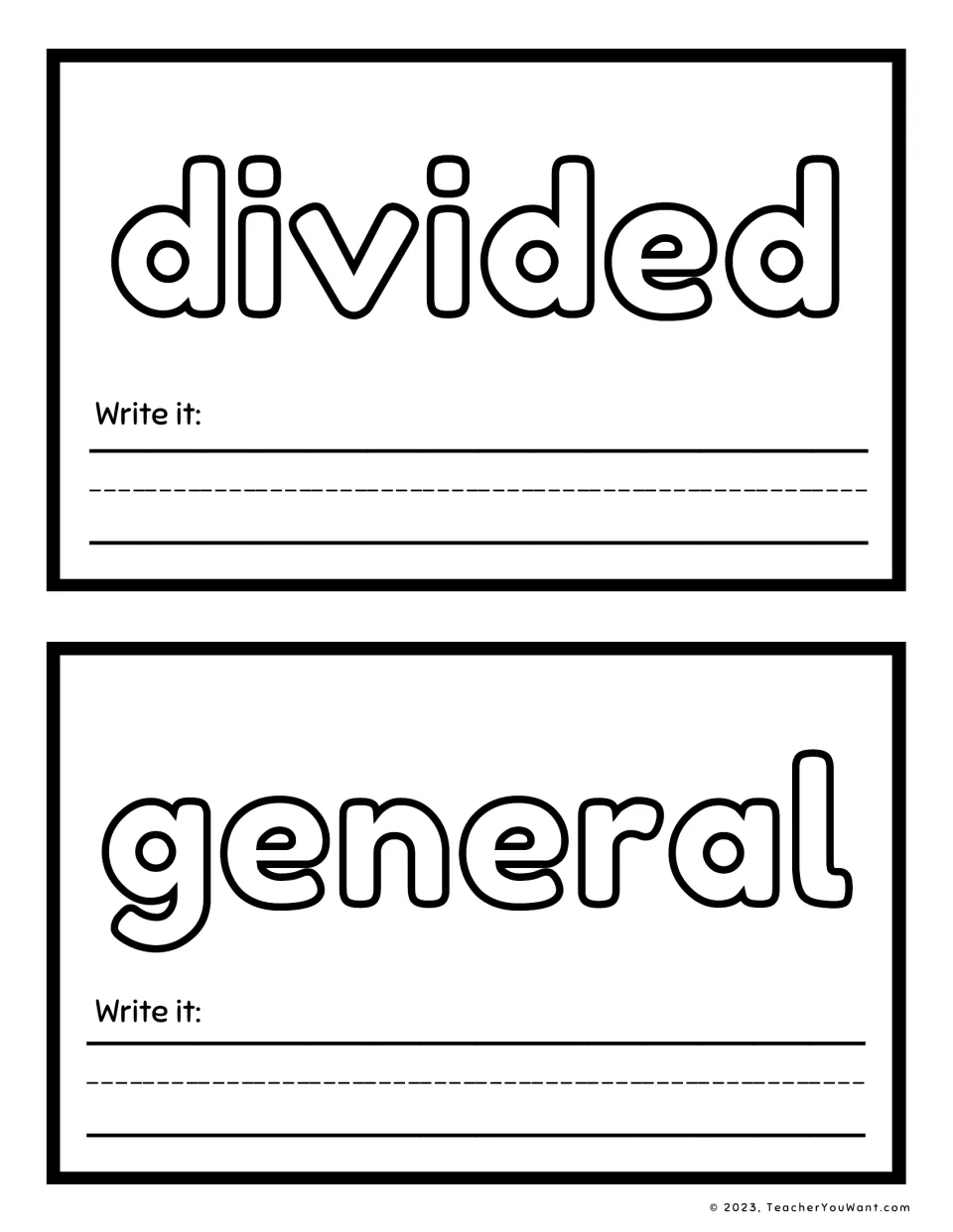 Sight word playdough mats 15–16 feature “divided” and “general” in outlined letters, each with a writing prompt.